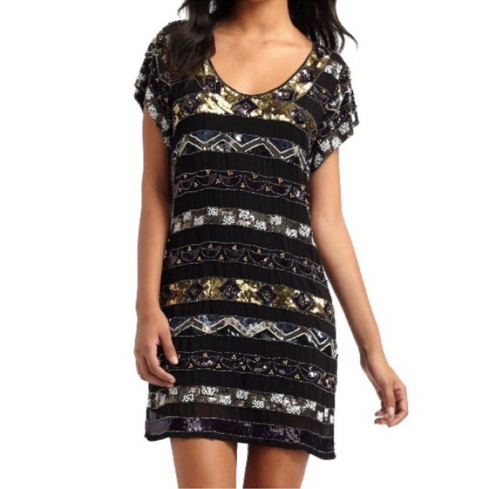 Holiday season French Connection sequin dress beaded size 4 mesh tribal cocktail